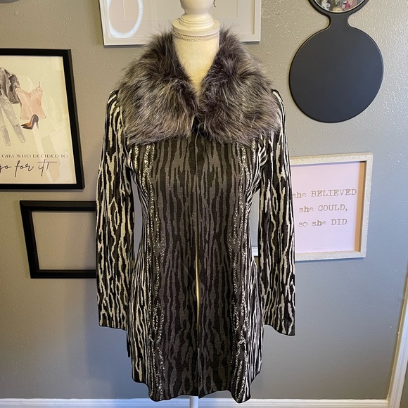 Ming Wang Gray Animal Printed Fur Collar Knit Jacket XS - Picture 2 of 11